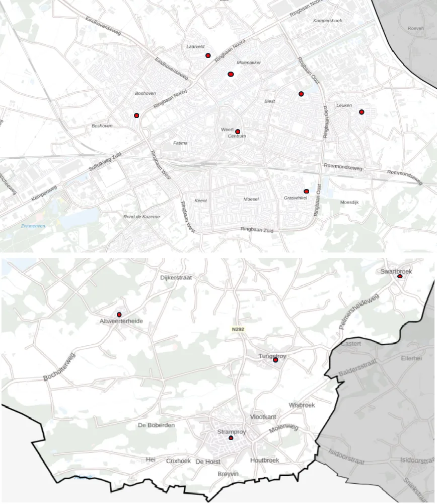 Locaties_Weert_Paalkasten_Vleermuis Plattegrond van de gemeente Weert die weergeeft op welke locaties de paalkasten voor vleermuizen van Vivara Pro zijn geplaatst