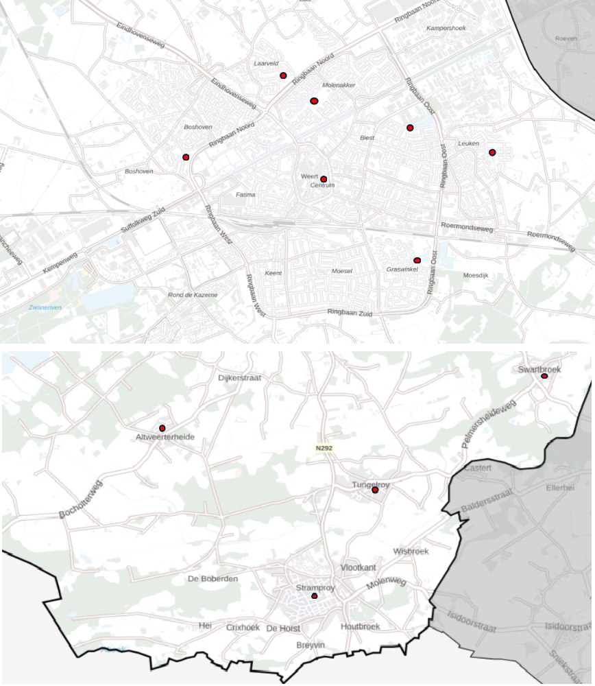 Locaties_Weert_Paalkasten_Vleermuis Plattegrond van de gemeente Weert die weergeeft op welke locaties de paalkasten voor vleermuizen van Vivara Pro zijn geplaatst