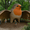 Landmark sculptuur | 2 Afbeelding van een maatwerk landmark sculptuur in de vorm van een roodborst waar kinderen spelen. Het object dient ook als een speeltoestel.
