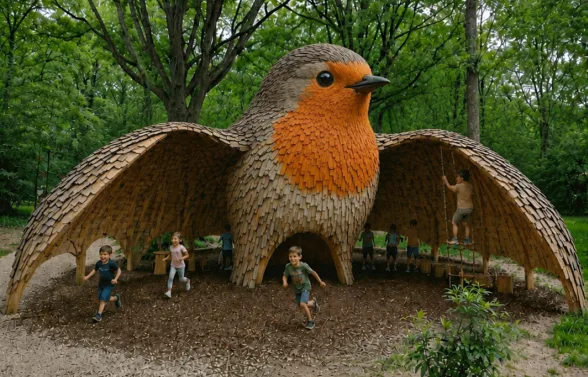 Landmark sculptuur | 1 Afbeelding van een maatwerk landmark sculptuur in de vorm van een roodborst waar kinderen spelen. Het object dient ook als een speeltoestel.
