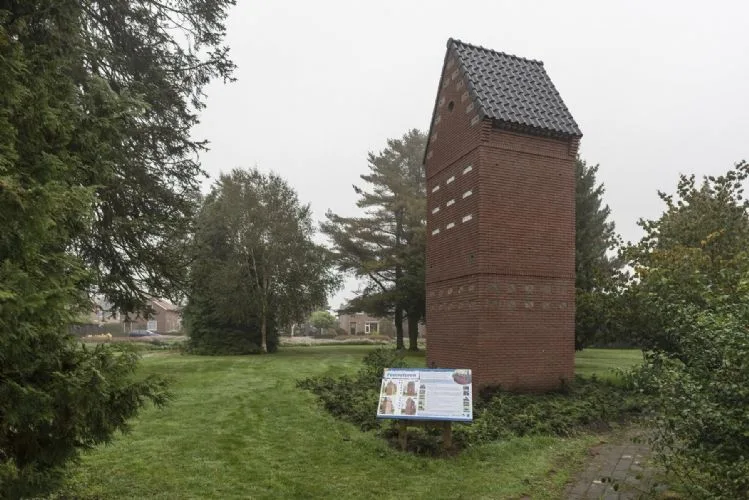 Maatwerk_Faunatoren Afbeelding van een maatwerk faunatoren van Vivara Pro, geplaatst in Sambeek met voorzieningen voor de vleermuis, huismus en gierzwaluw.